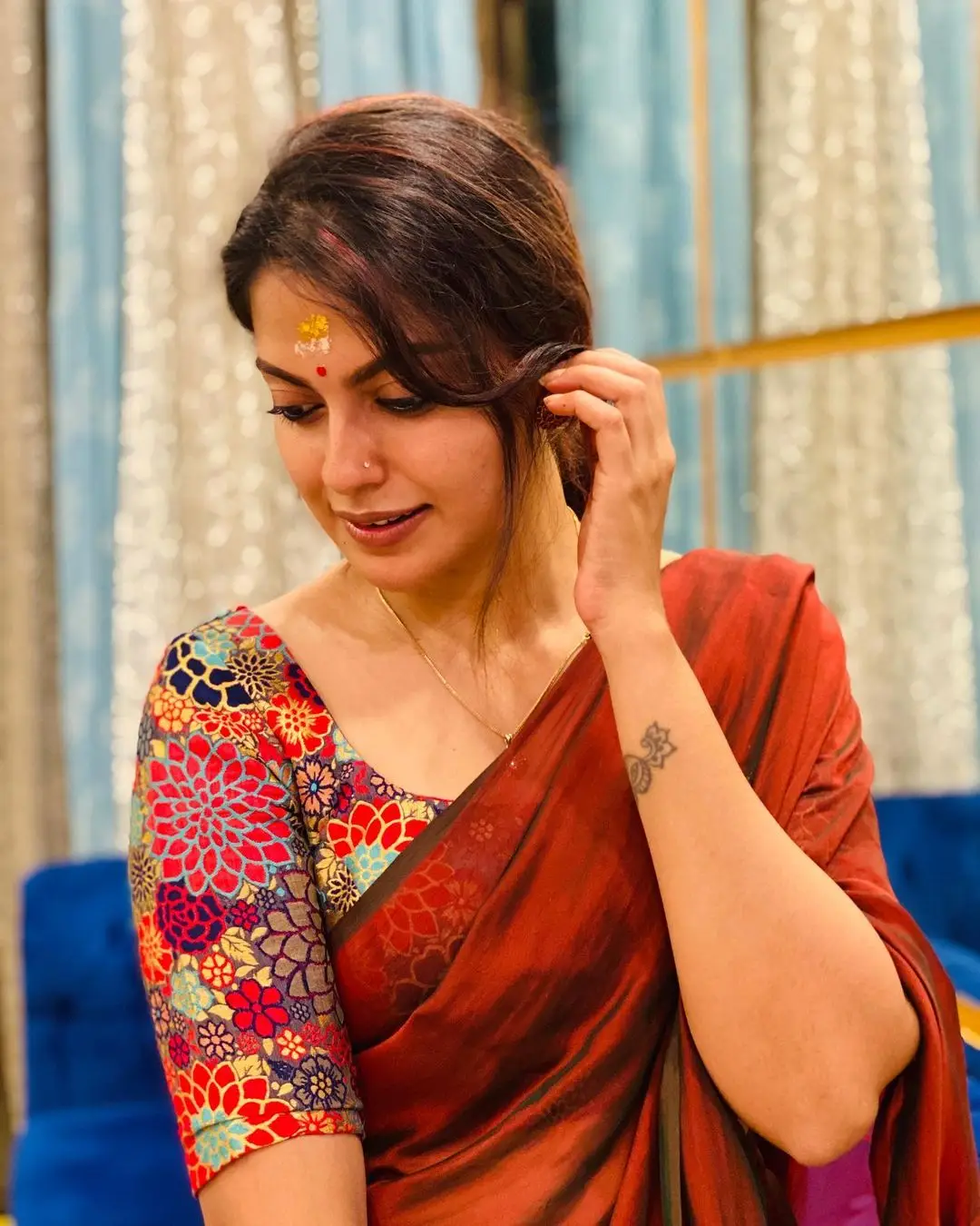 Malayalam Actress Anusree Nair in Maroon Saree Blouse